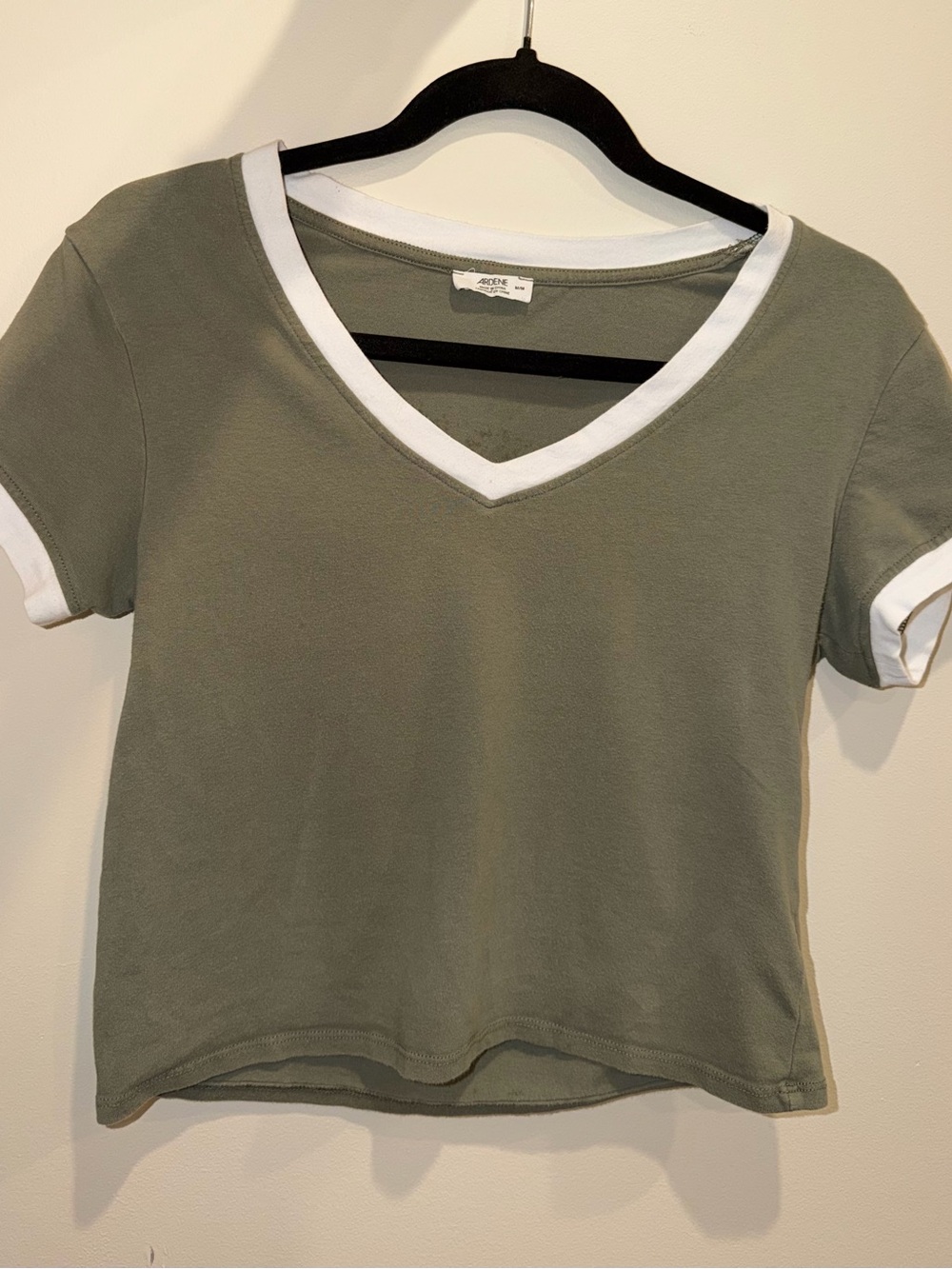 Ardene Olive Green V-Neck Cropped Ringer Tee with White Trim